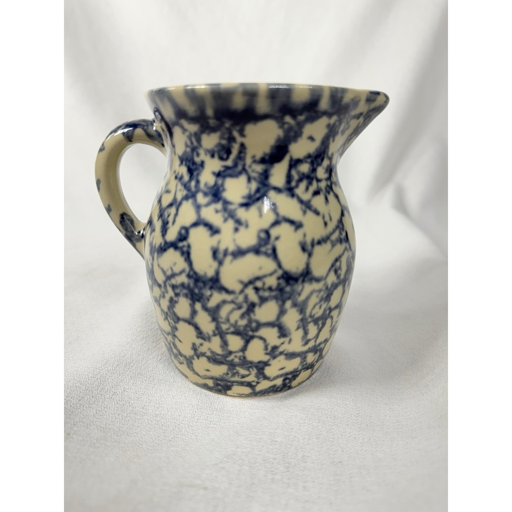 Blue White Spongeware Pitcher Primitive Pottery